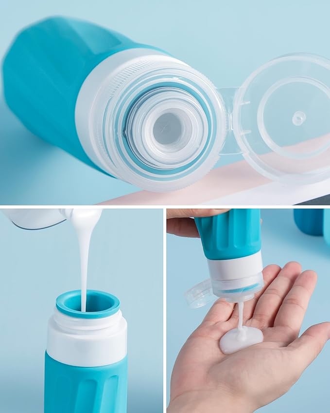 Travel Size Toiletries 8 Pack, TSA Approved 3oz Silicone Squeeze Bottles & Cream Jars with Clear Travel Bag