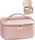 Prite Makeup Bag Portable Cosmetic Organizer with Brush Holder Waterproof Travel Toiletry Bag for Women with Handle and Divider (Pearl Pink)