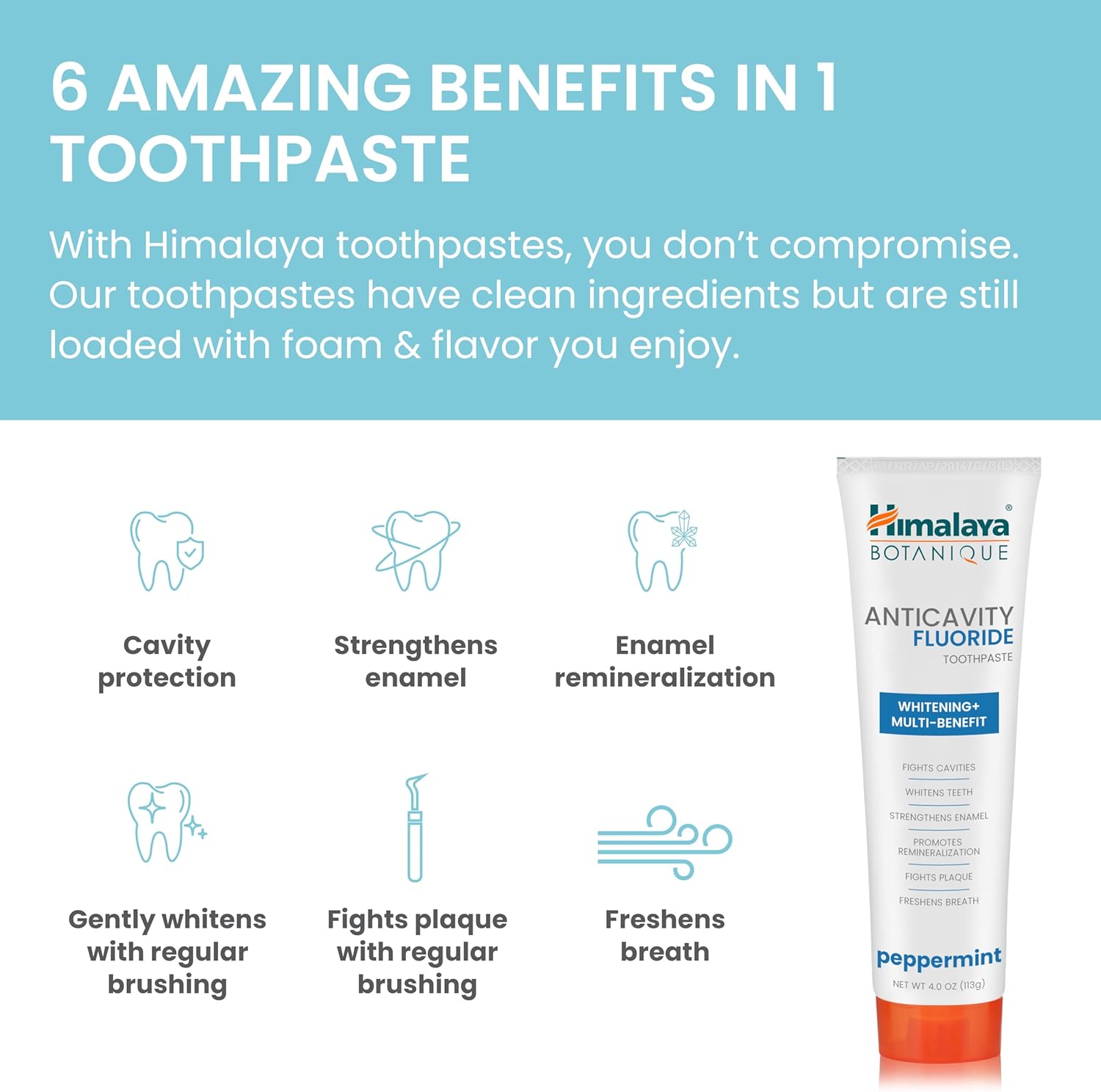 Himalaya Botanique Anticavity Fluoride Toothpaste, Fluoride with Multi-Benefit Support, Fights Cavities, Strengthens Enamel, Promotes Remineralization, Peppermint Flavor, 4 oz