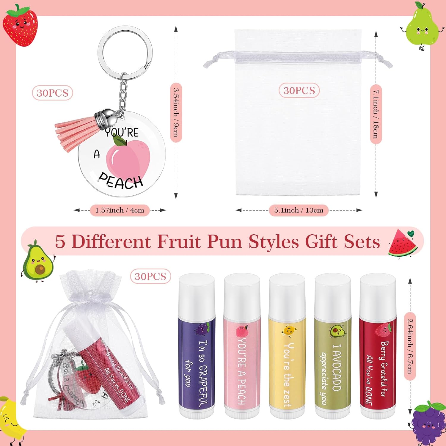 30 Sets Moisturizing Lip Balms Bulk Employee Appreciation Gifts with Fruit Pun Keychains and Organza Bags for Coworker Teacher Appreciation Thank You Gifts