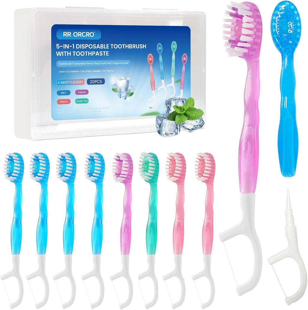 20Pack Mini Disposable Toothbrushes Set 5-in-1 Portable Pre-Pasted Travel Toothbrush with Toothpaste + Tongue Scraper + Floss + Pick Individually Wrapped Small Prepasted Toothbrush for Kids Adults