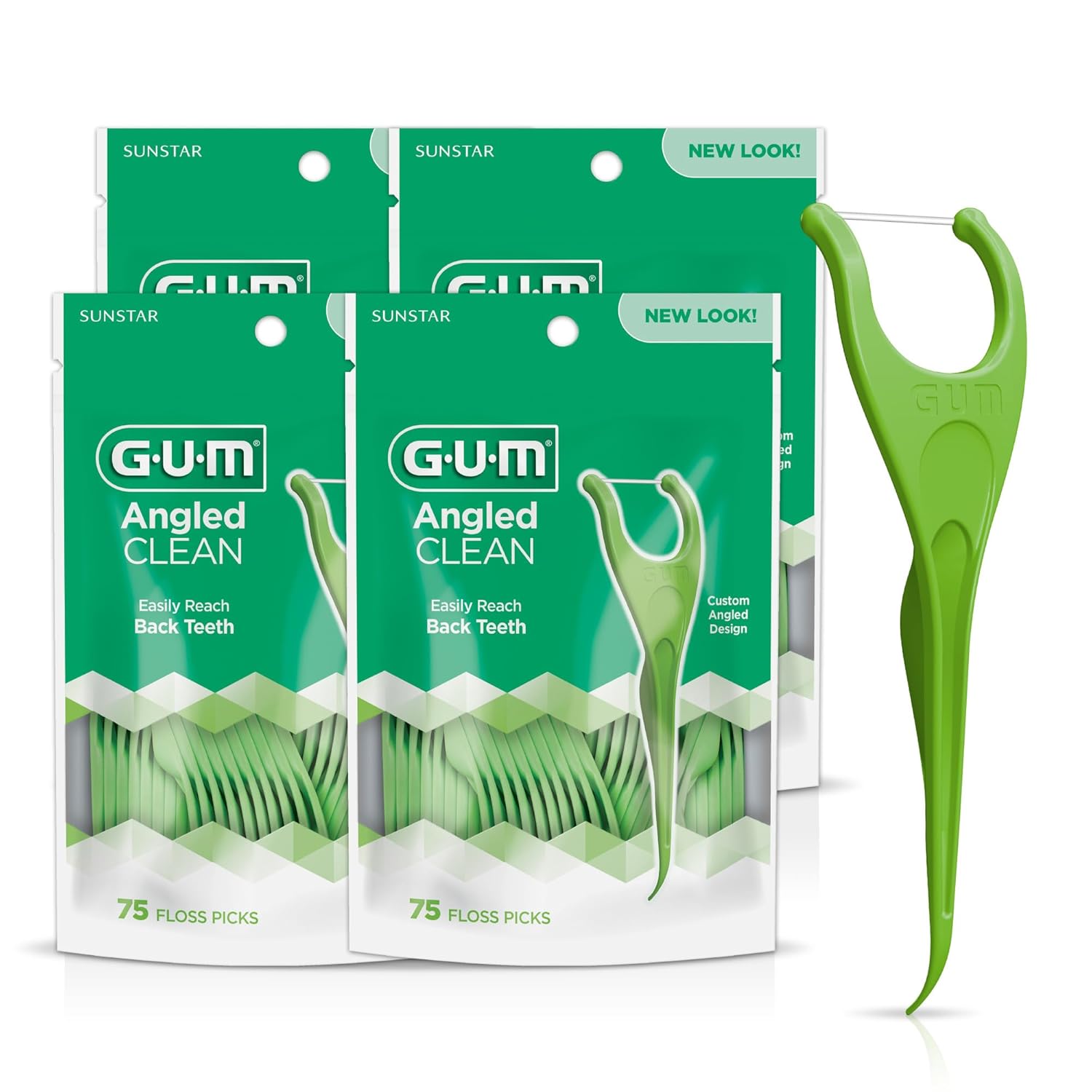 GUM Angled Floss Picks, Perfect for Tight Teeth, Extra Strong Shred-Resistant Dental Floss, Angled for Easy Reach, Dental Flossers for Adults, Fresh Mint Flavor, 75 Count (Pack of 4)