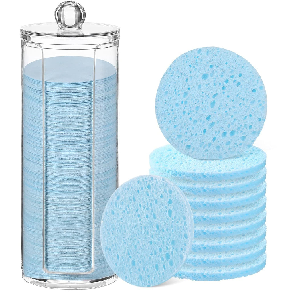Sieral 120pcs Compressed Facial Sponges Disposable Natural Face Sponges Round Soft Pads with Container for Washing Face Cleansing Exfoliating Esthetician Makeup Removal Travel(Light Blue)