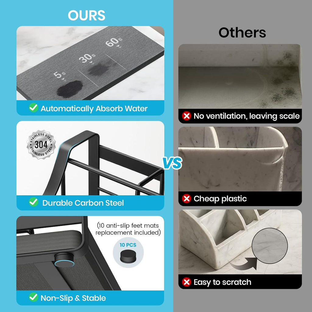 BOTEMY Toothbrush Holder with Instant Drying Stone - Bathroom Counter Organizer, Kids Electric Toothbrush Toothpaste Holders, Bathroom Sink Organizers and Storage,Black