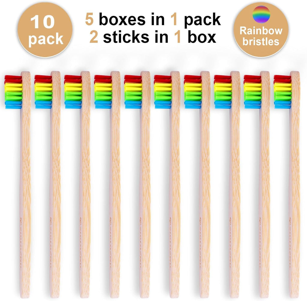 Eco-Friendly Bamboo Toothbrushes for Kids, 10 Pack Medium Bristles Rainbow, Biodegradable Natural Bamboo Handle,Plastic-Free & Sustainable Oral Care for Children