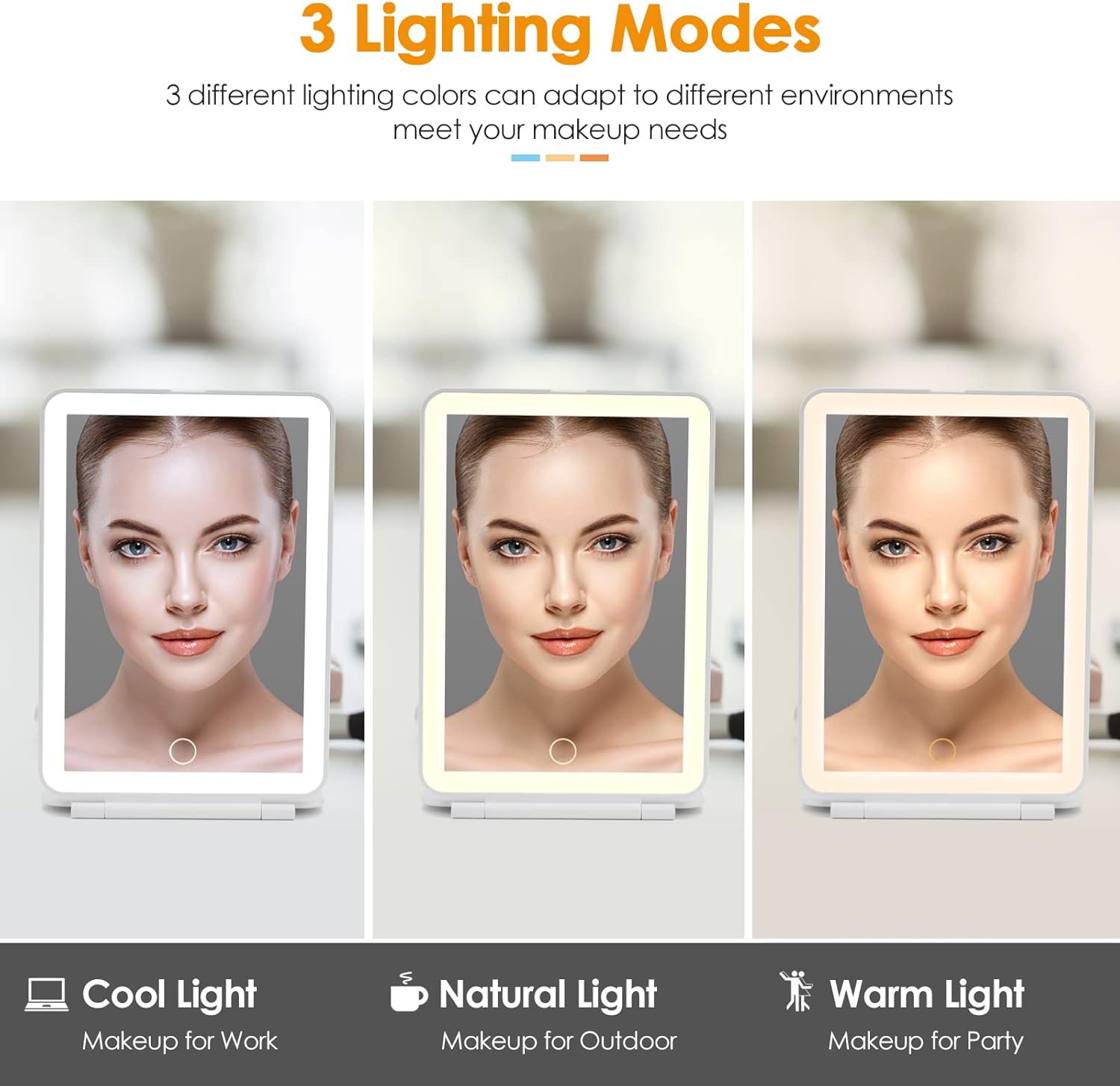 Rechargeable Travel Makeup Mirror 72 LED Lighted Compact Slim Vanity with Lights 3 Lighting Modes Dimmable Touch Screen (White),(DenCert)