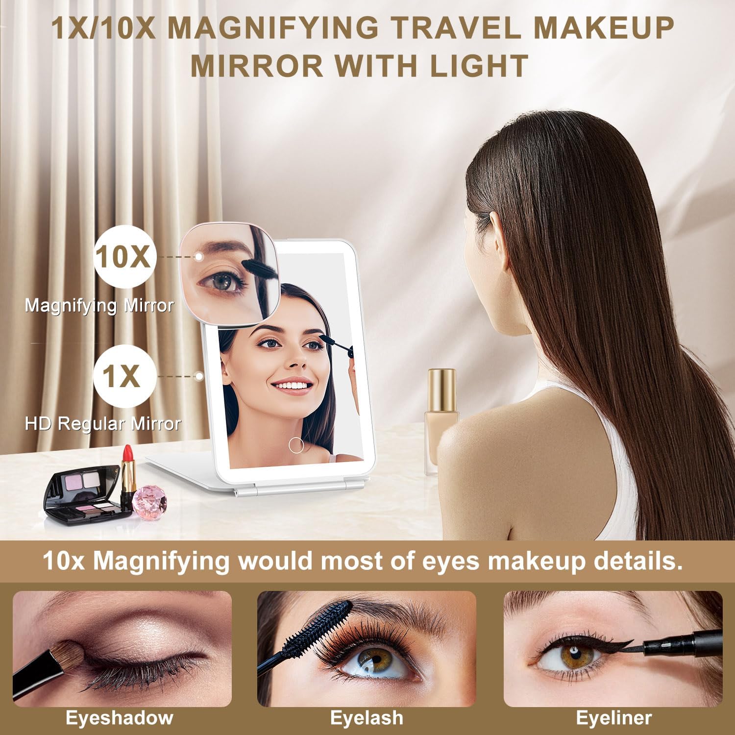 Mocado LED Foldable Travel Makeup Mirror - 5x7 inches 3 Colors Light Modes USB Rechargeable Touch Screen, Portable Tabletop Cosmetic Mirror for Travel, Cosmetic, Office (White)