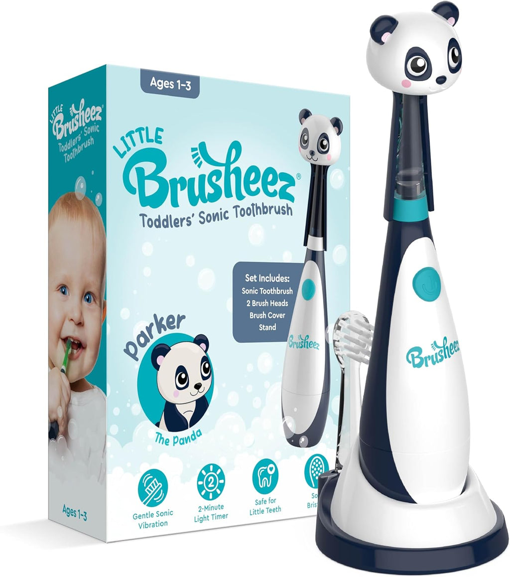 Brusheez Little Toddlers’ Sonic Toothbrush - Safe & Gentle Toothbrush for Ages 1-3 with Built-in, Light-Up 2-Minute Timer, Extra Brush Head, & Storage Base for First-Time Brushers (Parker The Panda)