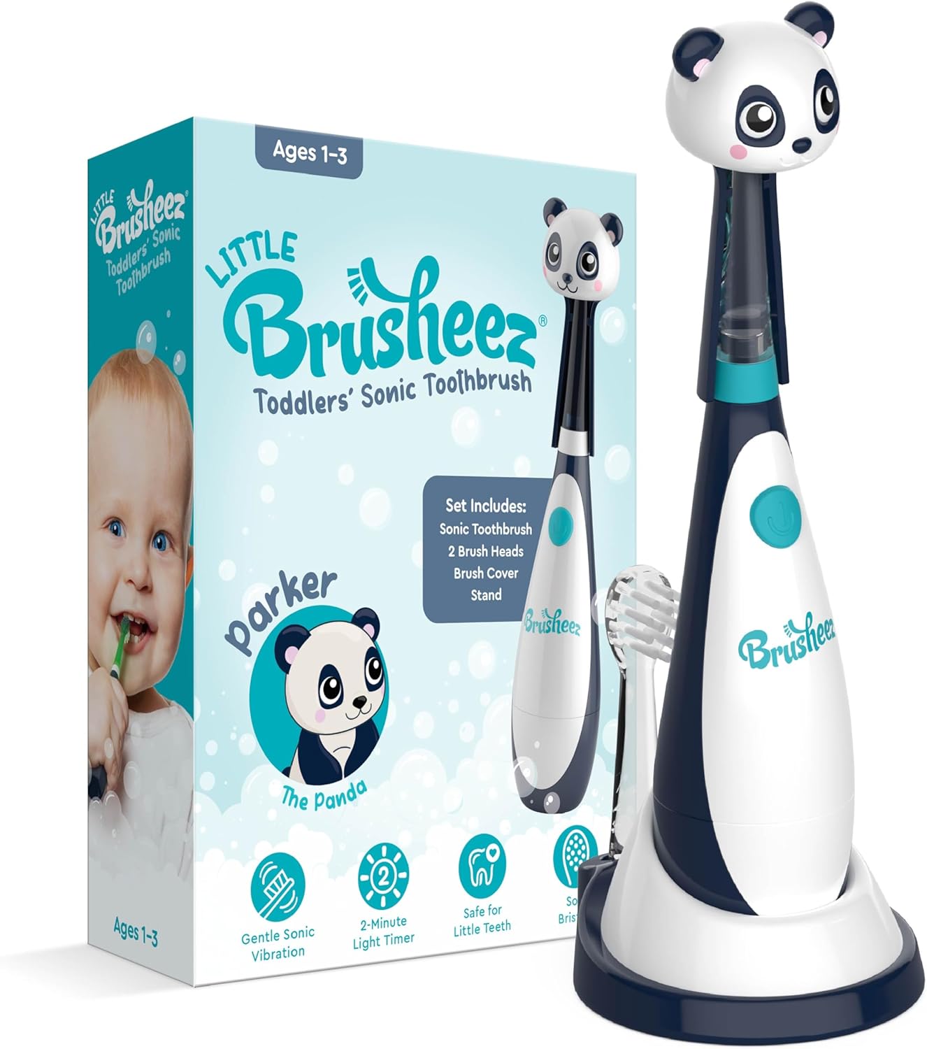 Brusheez Little Toddlers’ Sonic Toothbrush - Safe & Gentle Toothbrush for Ages 1-3 with Built-in, Light-Up 2-Minute Timer, Extra Brush Head, & Storage Base for First-Time Brushers (Parker The Panda)