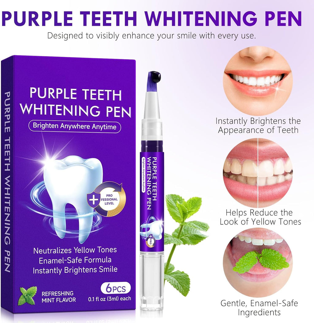 Purple Teeth Whitening Pen, 6PCS Teeth Whitening Gel Essence, Gentle Formula, No Sensitivity Snow Teeth Whitener Gel Kit for a Brighter Smile