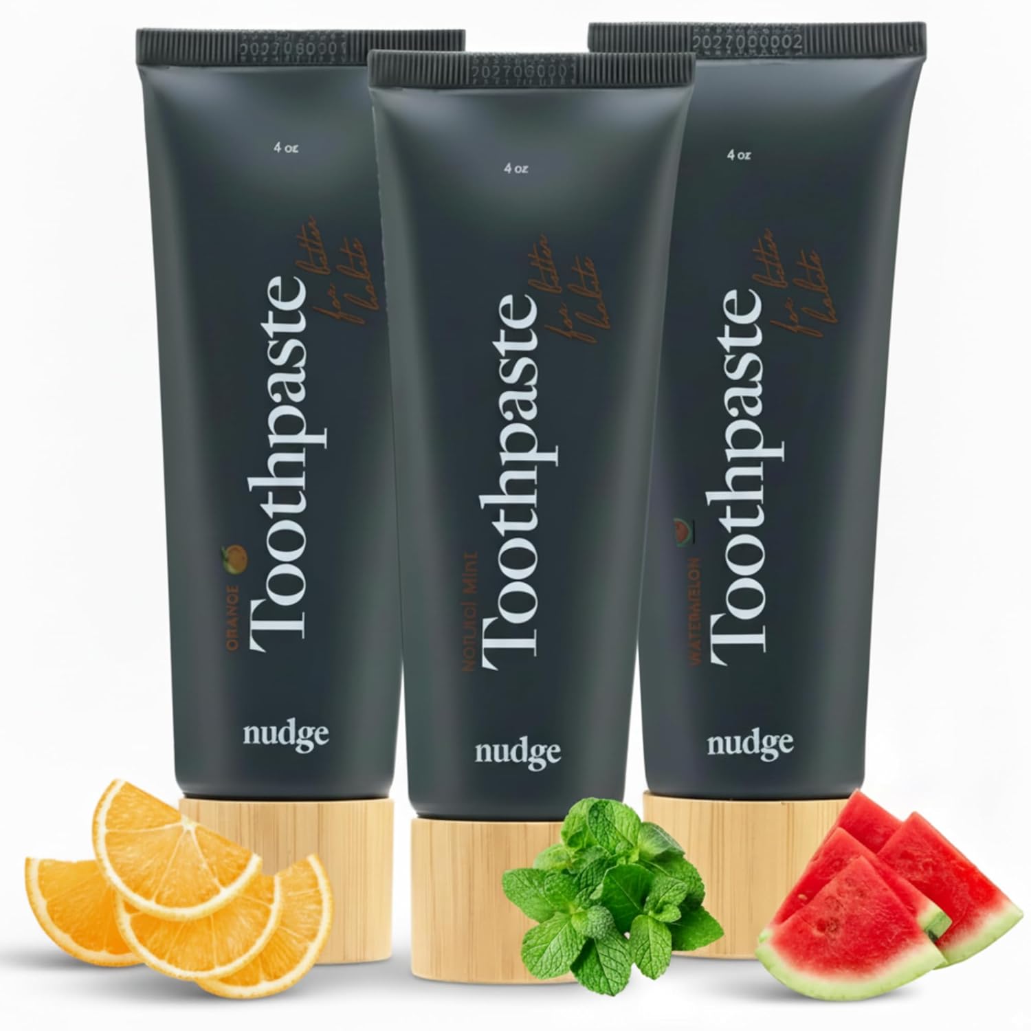 Nudge Toothpaste Variety Pack, 10% Nano Hydroxyapatite, Natural Mint, Orange, and Watermelon, Fluoride Free, SLS Free, Remin+ Formula, 3 x 4 oz Tubes
