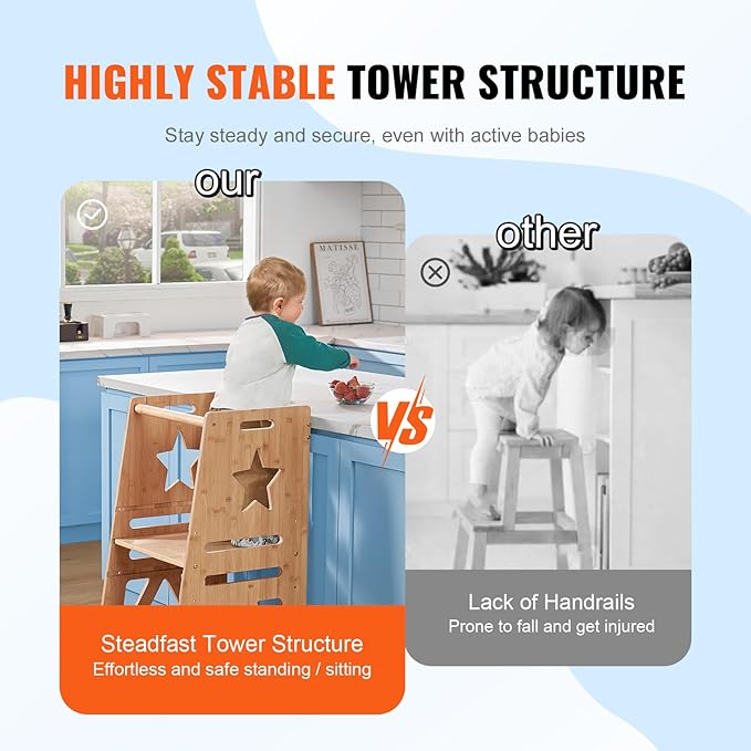 VEVOR Tower Step Stool, 3-Level Height Adjustable Toddler Step Stools for Kids, Bamboo Kitchen Stool, Kids Standing Tower Learning Stool with Safety Rail for Kitchen Counter Bathroom, 350LBS