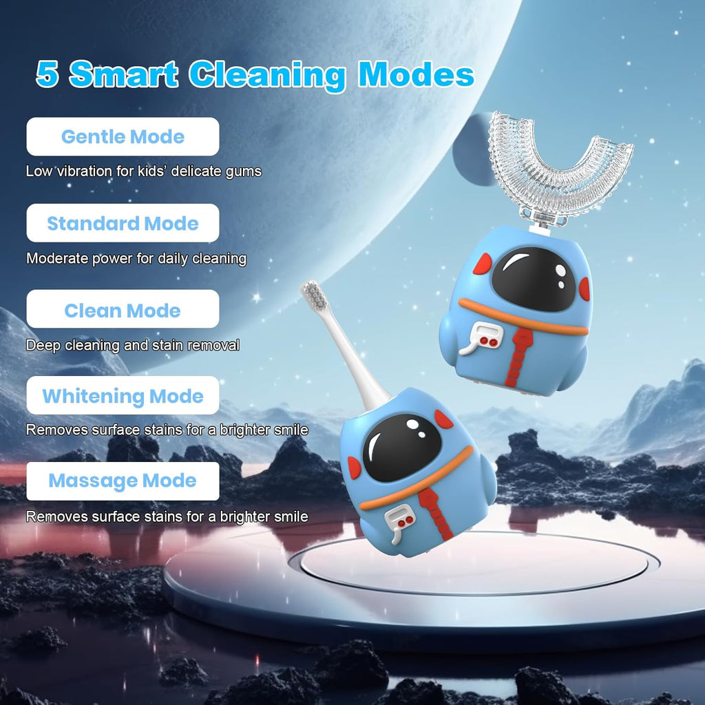 FTOYIN Kids Electric Toothbrush, U Shaped Toothbrush with 4 Brush Heads, Ultrasonic 360° Cleaning, 5 Modes, Smart 45s Timer, IPX7 Waterproof (Ages 2–12)