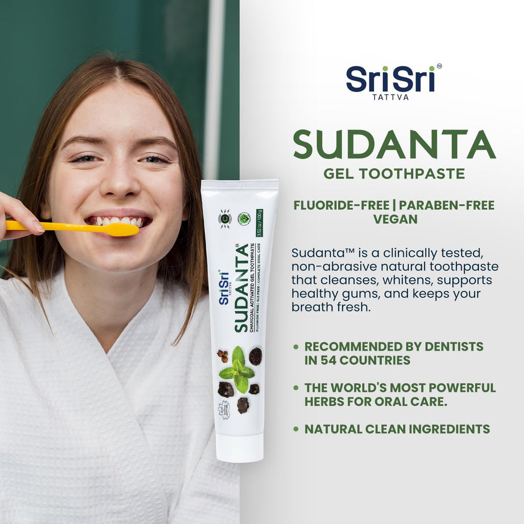 Sri Sri Tattva Sudanta Charcoal Toothpaste Gel – SLS, Fluoride Free Herbal Toothpaste with Neem & Ayurvedic Herbs – Natural Teeth Whitening, Fresh Breath, Oral & Gum Health – 100g Tube (Pack of 1)