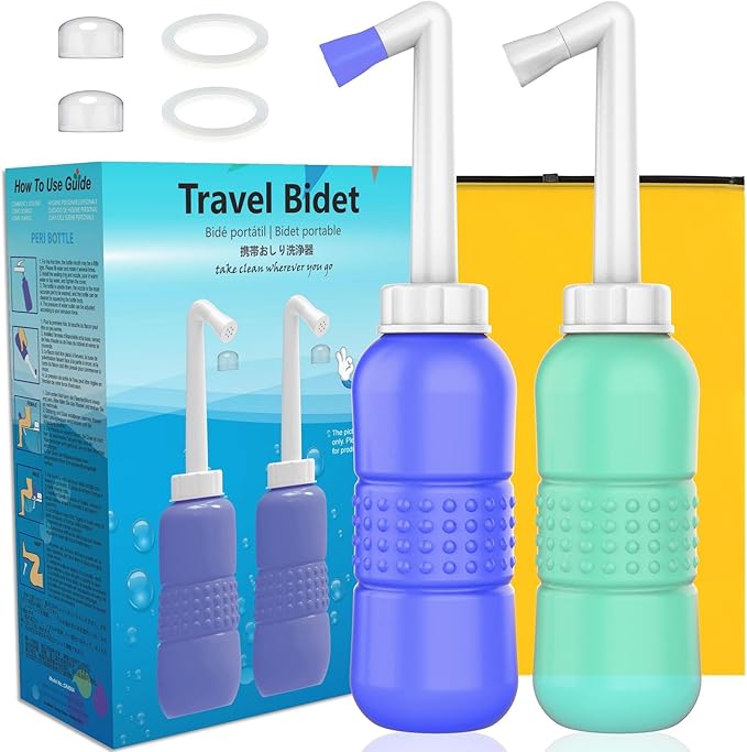 Upside Down Peri Bottle for Postpartum Care, Portable Bidet Bottle with Travel Bag, Handheld Perineal Sprayer,Reusable Douche Bottle for Women,Men,Baby,Personal Hygiene 450ml-2Pack(Blue Green)