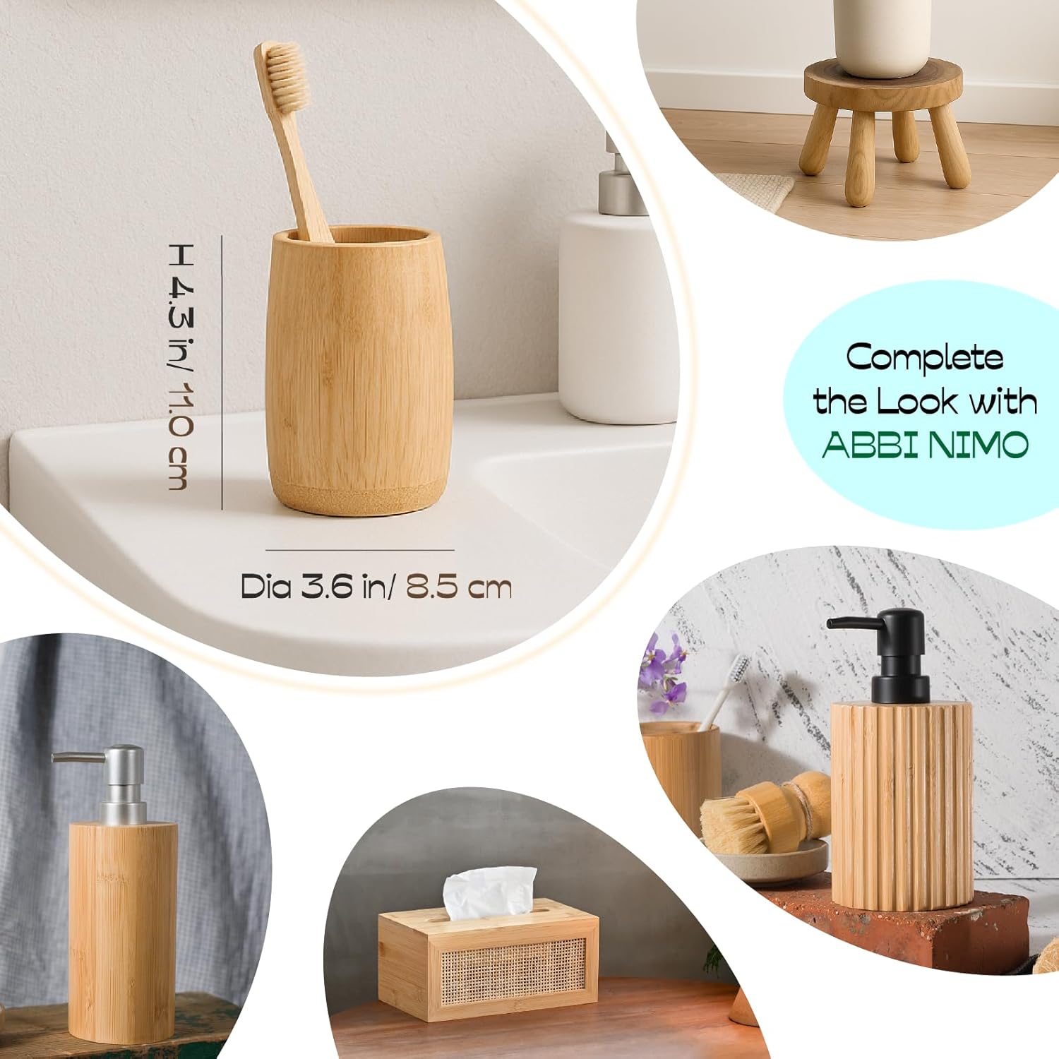Natural Bamboo Toothbrush Holder, Simple Minimal Cylindrical Tumbler for Bathroom Countertop, Unbreakable Makeup Brush or Pen Organizer, Desktop Accessory