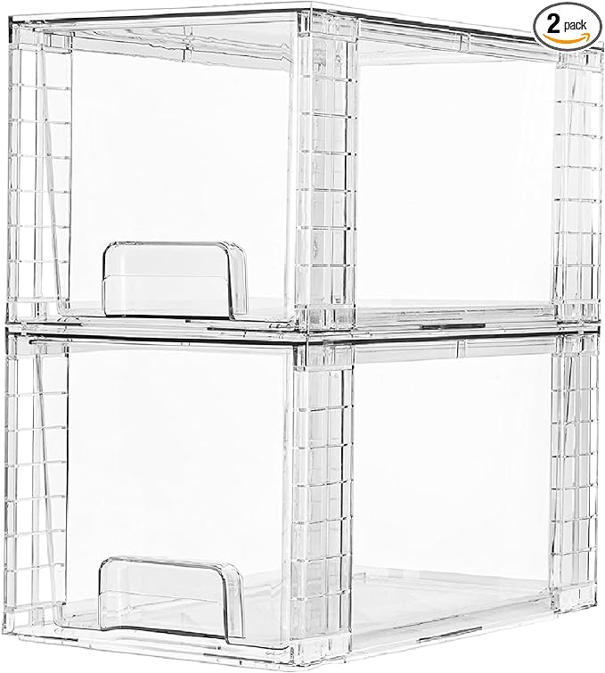 Vtopmart 2 Pack Large Stackable Storage Drawers,Clear Acrylic Drawer Organizers with Handles, Easily Assemble for Bathroom,Kitchen Undersink,Cabinet,Closet,Makeup,Pantry organization and Storage