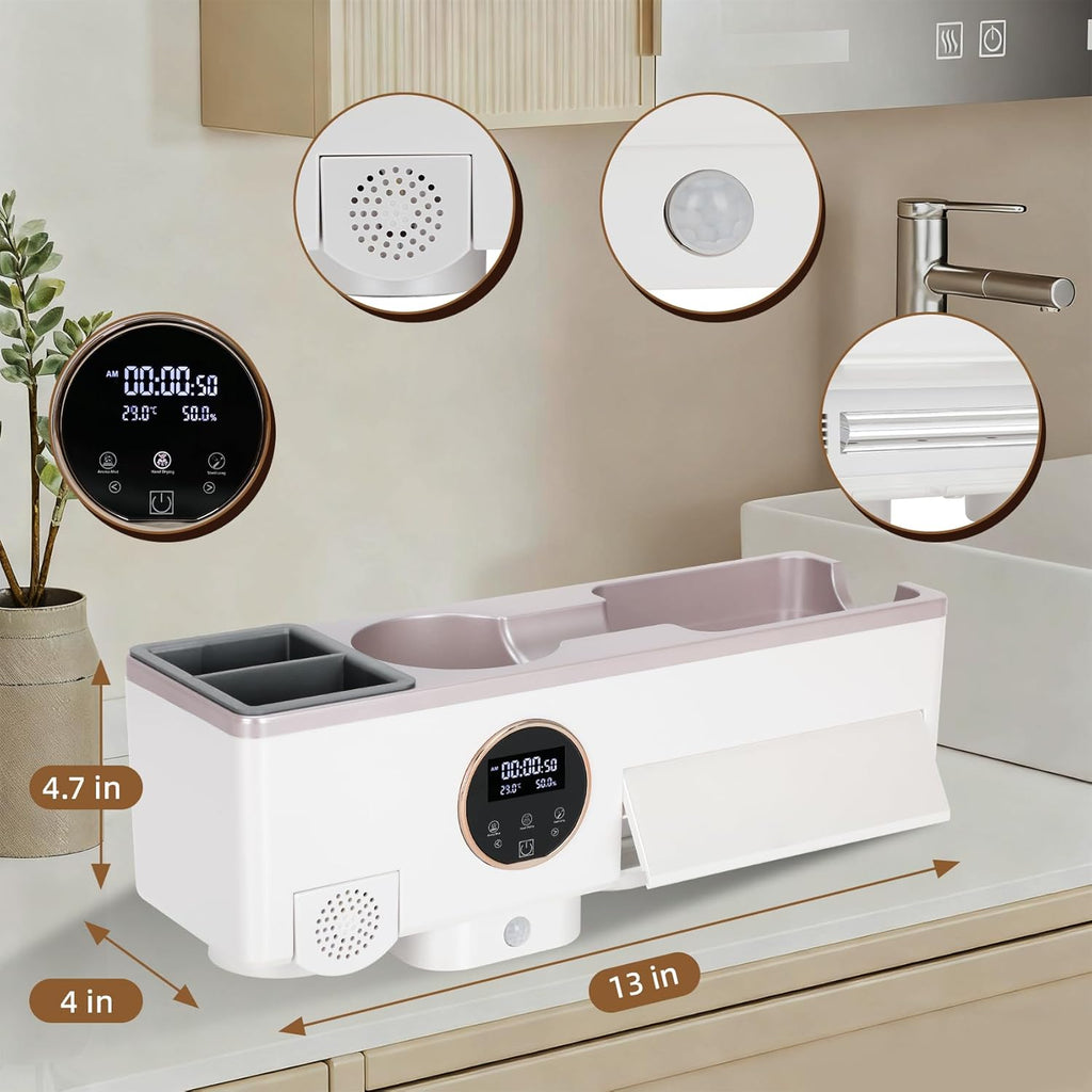 Toothbrush Holder with UV Toothbrush Sanitizer, White Hair Dryer Holder with Timer Function and Touch Screen, Smart Home Bathroom Accessories with Automatic Hand Drying and Sensor Light for Bathroom