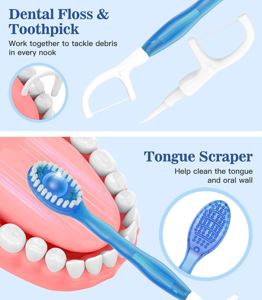 24 Pack 5 in 1 Disposable Mini Toothbrushes with Toothpaste, Floss, Pick & Tongue Scraper, Individually Wrapped, Portable Toothbrush Travel Set for Kids Adults, Mint Flavor