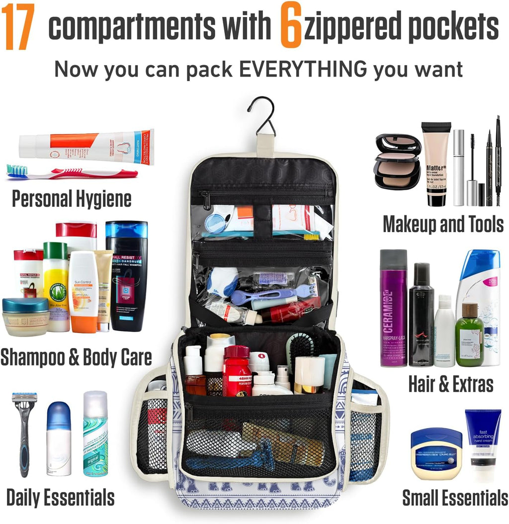 VENTURE 4TH Hanging Travel Toiletry Bag for Women & Men - Travel Organizer with Expandable Compartments & Removable Clear Pouch for Toiletries (Blue Elephant)