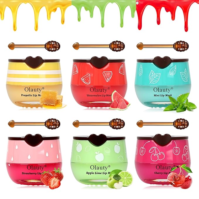 6 PCS Bee Lip Balm Lip Care,Honey Lip Balm Lip Mask, Fruit Extract &Vitamin E with Propolis Lip Sleeping Mask Reduces Lip Lines,Prevention Dry,Moisturizing Overnight Reduces Lip Scrubs Exfoliator