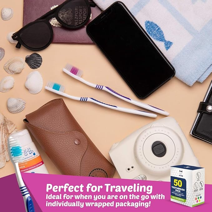 Bulk Toothbrushes 50 Pack | Individually Wrapped Travel Toothbrush Set for Adults & Kids | Made with a Medium-Soft Large Brush Head | BPA-Free & Disposable!