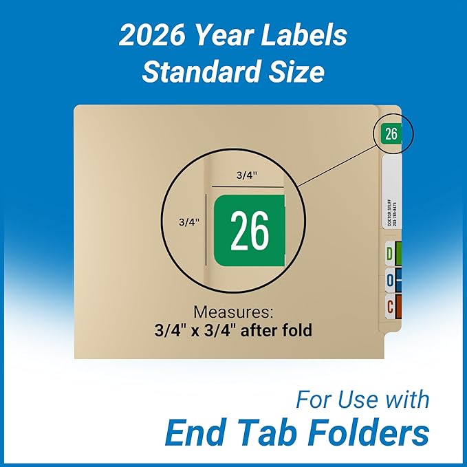 2026 Year Stickers, Doctor Stuff 2026 Chart Stickers, Green Color Coded, GBS/VRE Style, USA Made Year Labels for End Tab File Folders, 500 Labels/Roll in a Dispenser Box, 3/4" x 1-1/2"