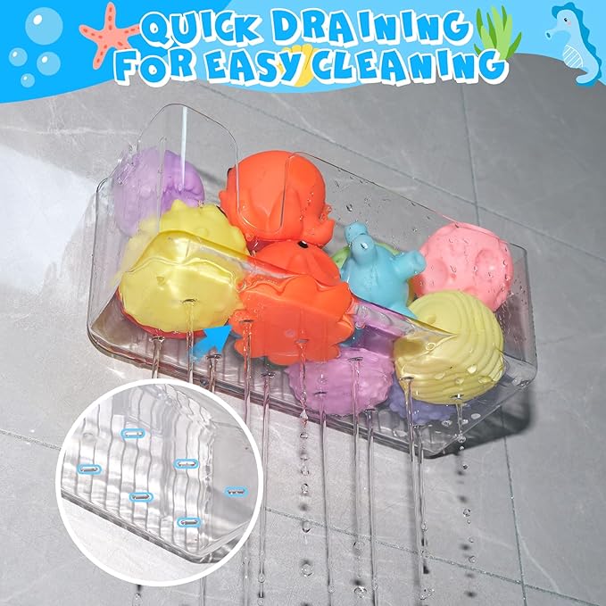 2-Pack Clear Bath Toy Storage Holder Organizer, Large Capacity Durable Plastic Bathtub Shower Caddy with Drain Holes, Quick-Dry Drainable Easy Install (Clear White 2-Pack)