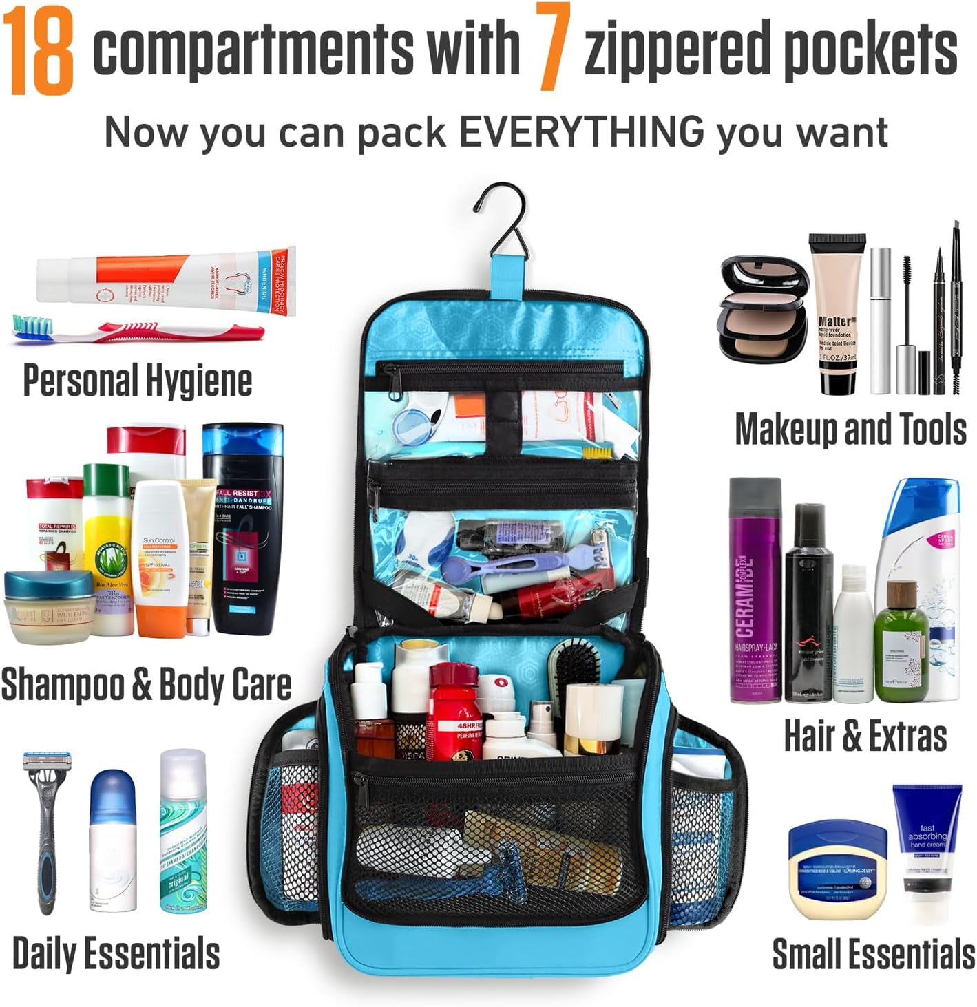 VENTURE 4TH Hanging Travel Toiletry Bag for Women & Men - Travel Organizer with Expandable Compartments & Removable Clear Pouch for Toiletries (Light Blue)