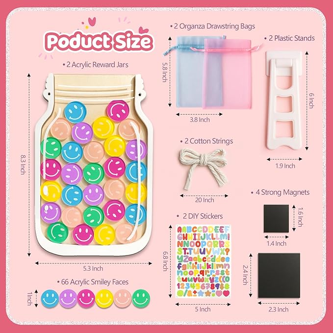 2 Pack Magnetic Reward Jars for Kids - Smiley Tokens Reward Jar for Classroom 8" Star Jar Reward System Behavior Chart for Kids at Home Potty Training