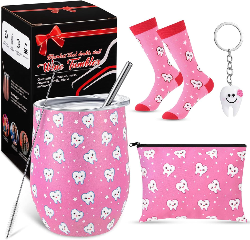 Sliner 4 Pcs Dental Assistant Gifts Set 12 oz Pink Teeth Stainless Steel Tumbler Cosmetic Bag Tooth Shape Keychain Novelty Tooth Sock Dental Hygienist Gifts for Nurse Dentist Christmas Graduation