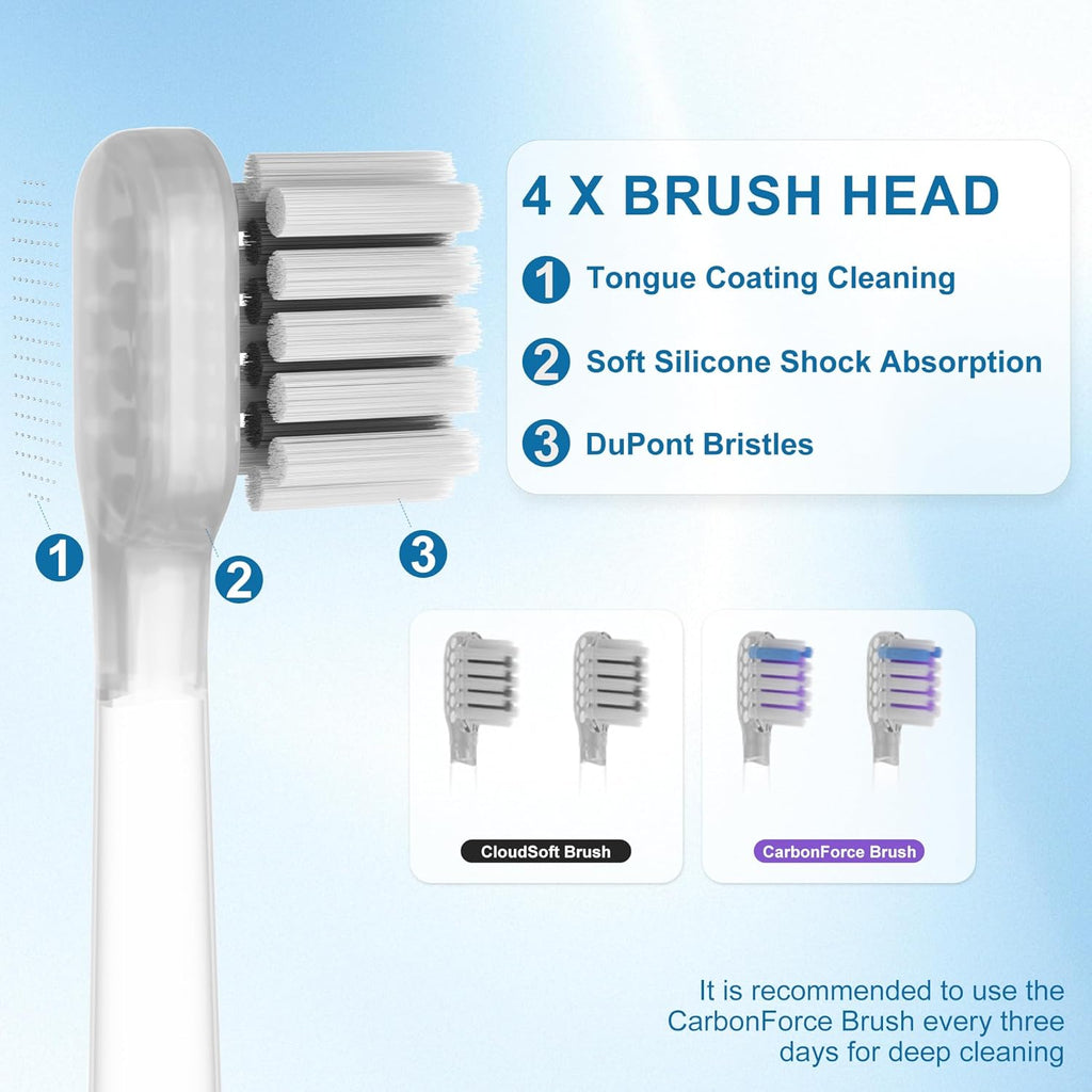 Electric Toothbrush Wave Oscillation & Vibration Sonic Tooth Brush for Adults BASS-Brushing Technique Travel Rechargeable Toothbrushes 4 Soft Bristle Replace Heads IPX7 Gifts for Men Women White
