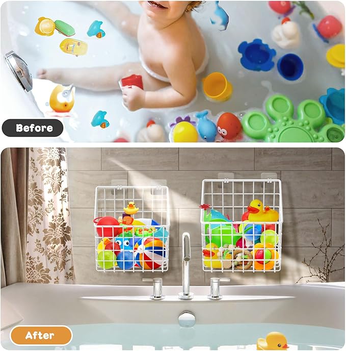 2 Pack Bath Toy Storage Organizer Basket, Large Metal Bathtub Toy Holder, Wall Mounted Hanging Shower Basket, Bath Toy Organizer For Bathtub for Easy Access and Sorting Toys/Clothes/Toiletries