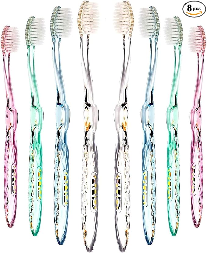 Nano-b Manual Toothbrush Set for Adults with Sensitive Gums, Silver Soft/Medium Bristles, Travel Cases, Blue, Pink, Green, Crystal, 8-Pack