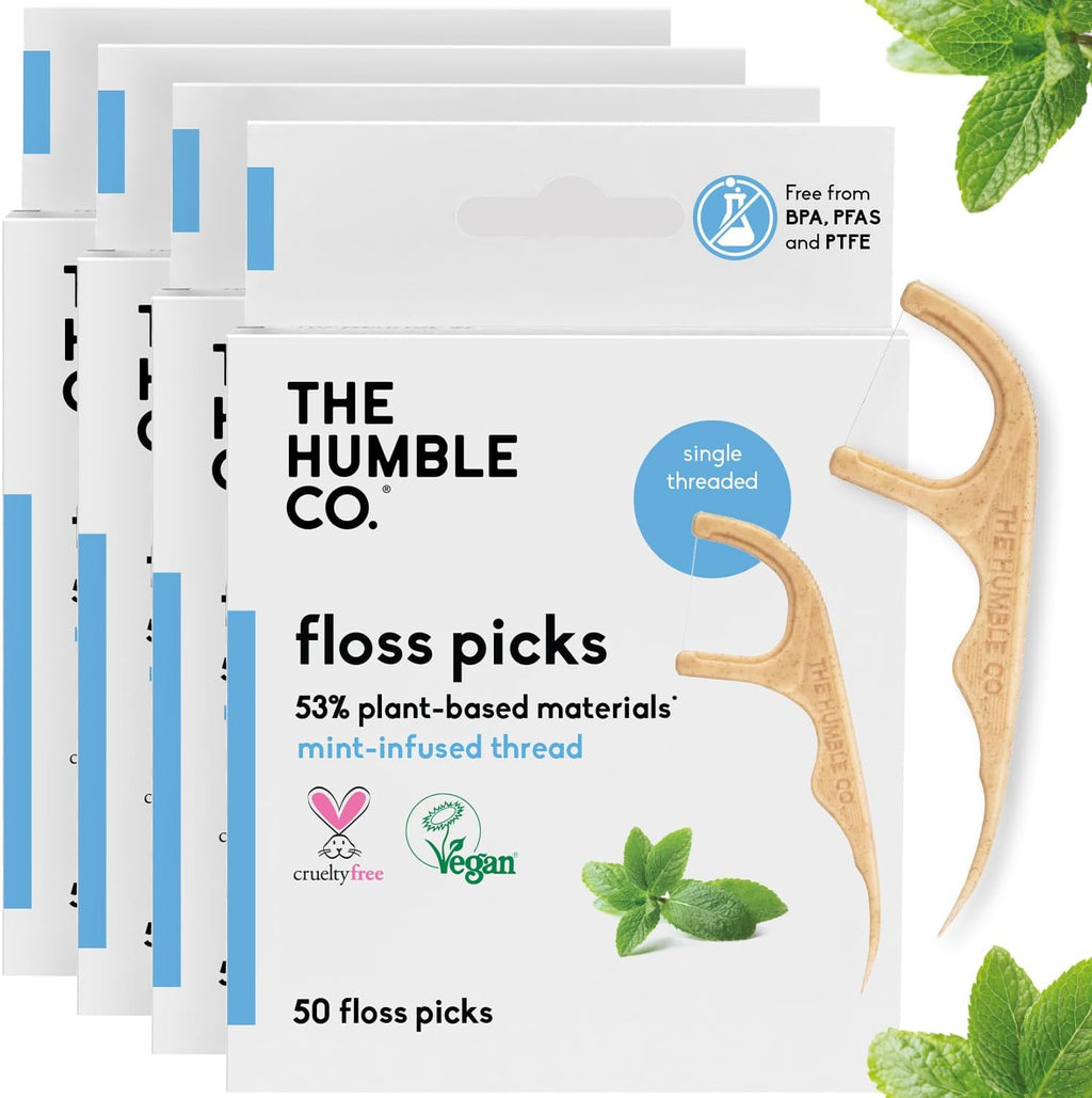 The Humble Co. Floss Picks (200 Count) – Plant Based Dental Floss Picks for Superior Oral Care, Dental Hygiene, and Gum Health, Cruelty Free Tooth Floss Picks (Mint, Single Thread)