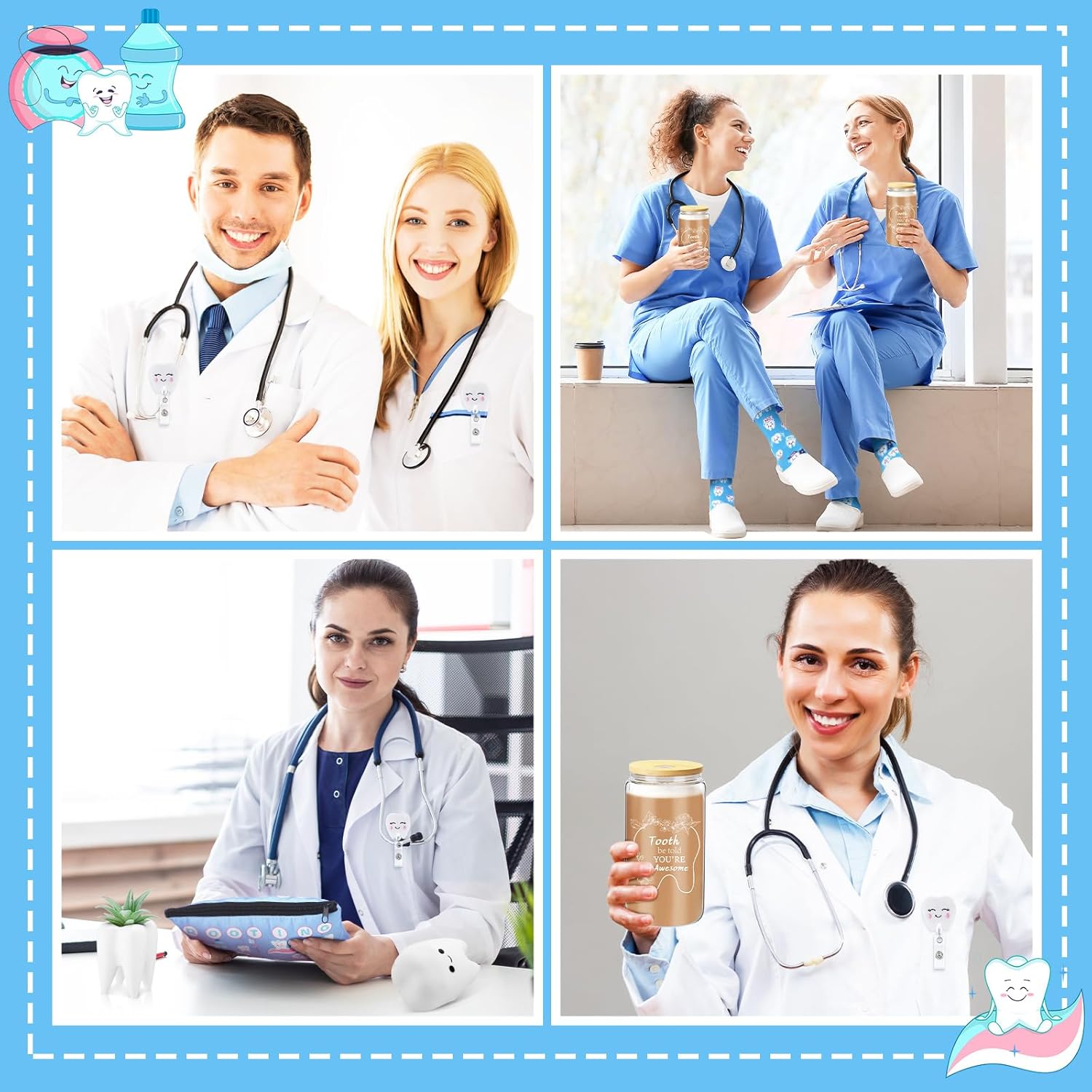 Pickmesh 6 Pcs Dental Gifts Dentist Assistant Hygienist Gifts 16 oz Glass Cups with Lid Makeup Bag Socks Badge Holder Tooth Brush Pot for Women Coworkers Doctor Nurse Christmas Accessories(Gray Blue)