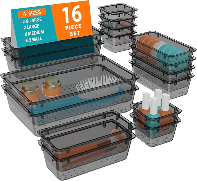 WOWBOX 16 PCS Clear Plastic Drawer Organizer Set, 4 Sizes Desk Drawer Organization and Storage Containers for Makeup, Cosmetics, Jewelry and Gadgets in Kitchen, Bathroom, Bedroom, Office, Clear Black