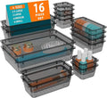 WOWBOX 16 PCS Clear Plastic Drawer Organizer Set, 4 Sizes Desk Drawer Organization and Storage Containers for Makeup, Cosmetics, Jewelry and Gadgets in Kitchen, Bathroom, Bedroom, Office, Clear Black