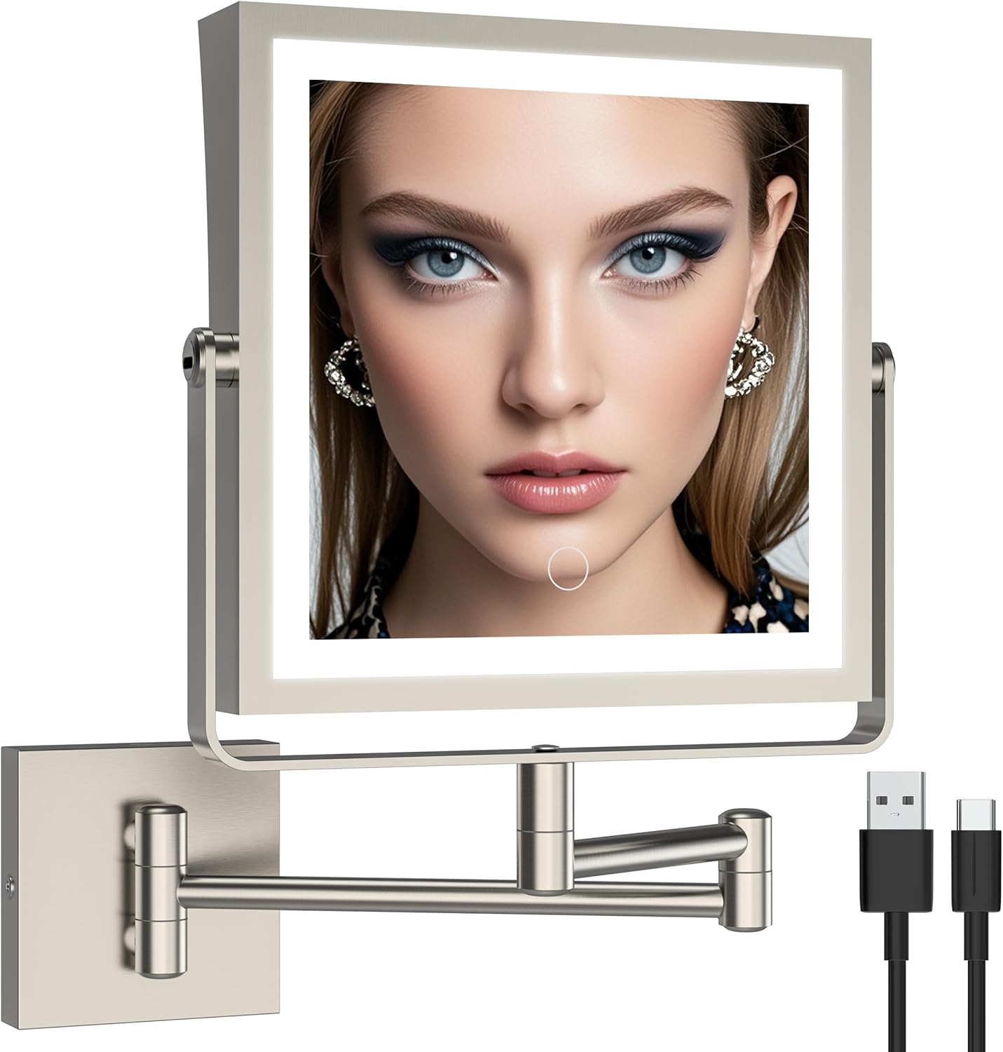 Ruacq Rechargeable Wall Mounted Makeup Mirror with Lights, Double Sided 1X/10X Magnifying Vanity Mirror with 3 Color Light, Touch Screen Dimmable, 360° Rotation Extension Foldable Arm(Brushed Nickel)