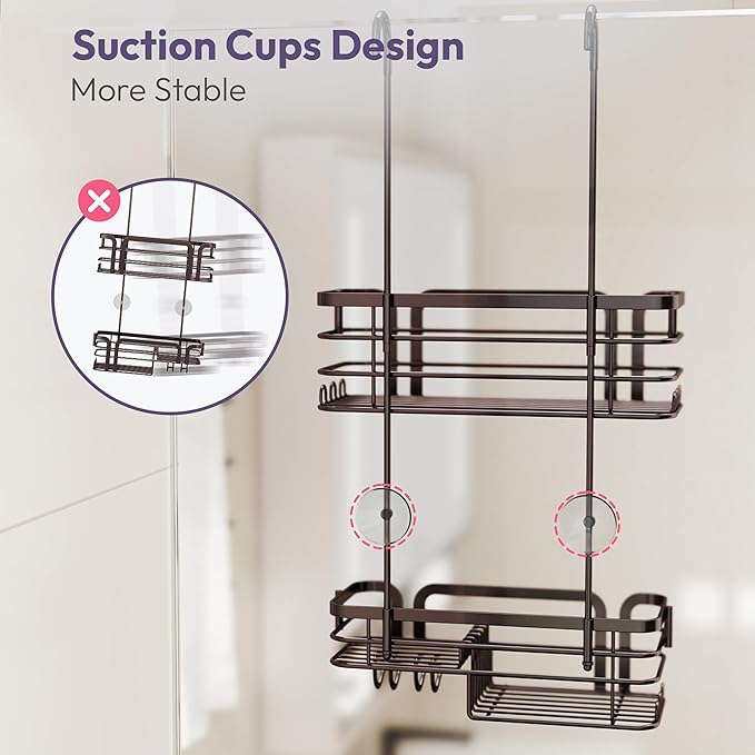SWTYMIKI Shower Caddy Hanging Organizer - Over the Door Shower Caddy with Soap Holder, 11 Hooks, 2 Installation Ways, Stainless Steel Rustproof Bathroom Organizer, Bronze