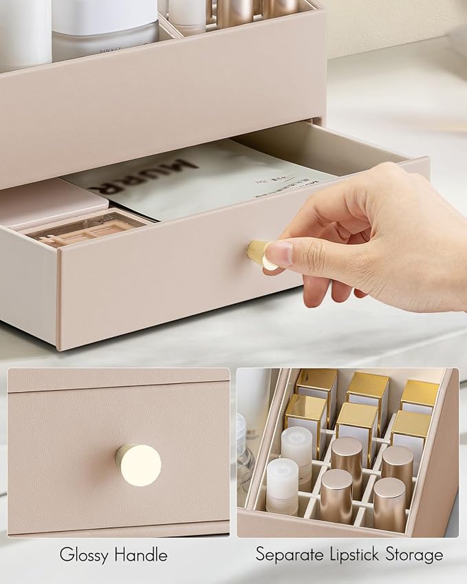 Vlando Makeup Organzier,Vanity Organizer with Drawers, PU Leather Skincare Organizer Perfume Organizer,Large Cosmetic Display Case for Lipstick,Brushes Gifts for Women-Toffee