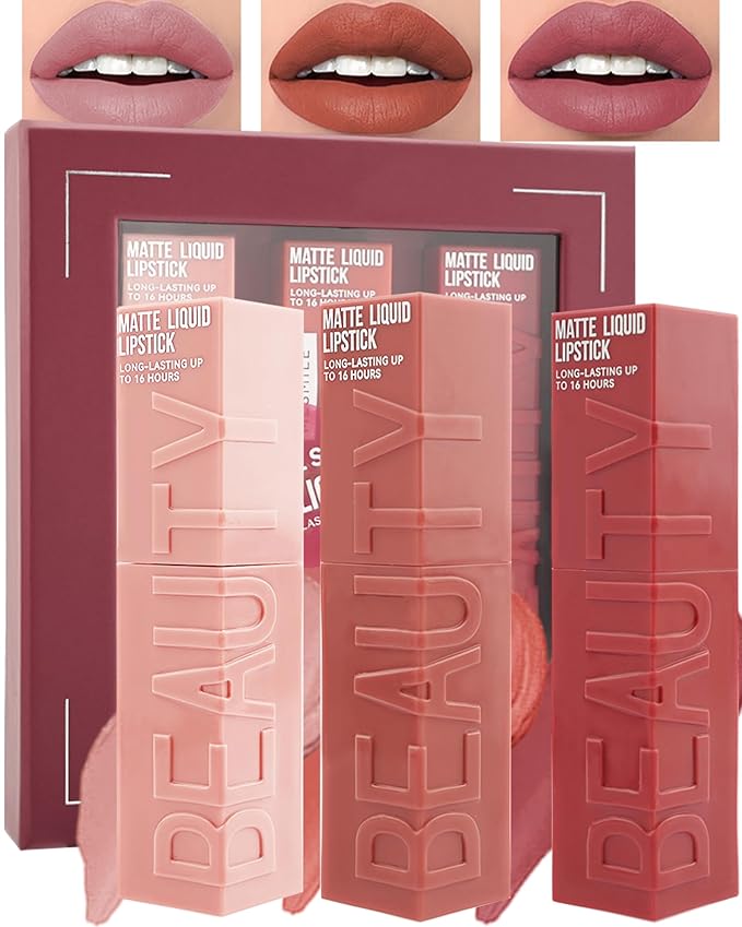 Matte Liquid Lipstick Kit-3Pcs High Pigmented Lip Tint Stain,Super Velvet Tinted Lip Gloss,Up to 16H Wear Lipgloss,Long Lasting Waterproof Non-Stick Lipstain,Christmas Makeup Gift for Women-Set A