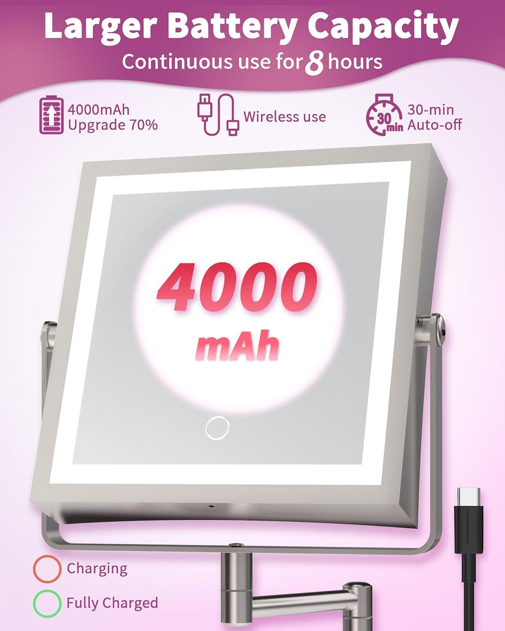 Rechargeable Wall Mounted Makeup Mirror with Lights, 4000mAh Double Sided 1X/10X Magnifying Vanity Mirror with 3 Color Lights, Touch Dimmable, 360° Extension Foldable Arm(Brushed Nickel）