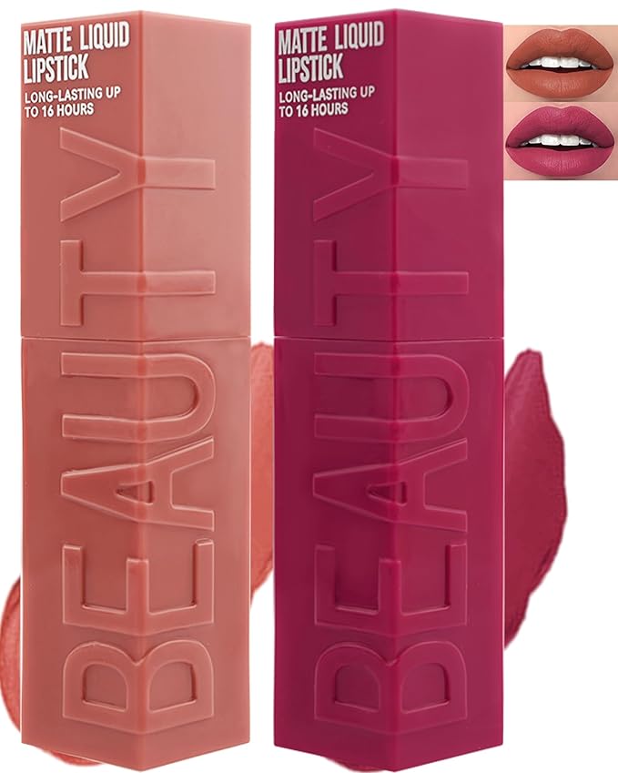Matte Liquid Lipstick for Women-2Pcs Orange & Rose Pink Highly Pigmented Lip Stain Tint,Velvet Matte Lip Gloss,Long Lasting Up to 16H Wear,Waterproof Smudge-proof Non-Stick Cup Lip Makeup-02+04
