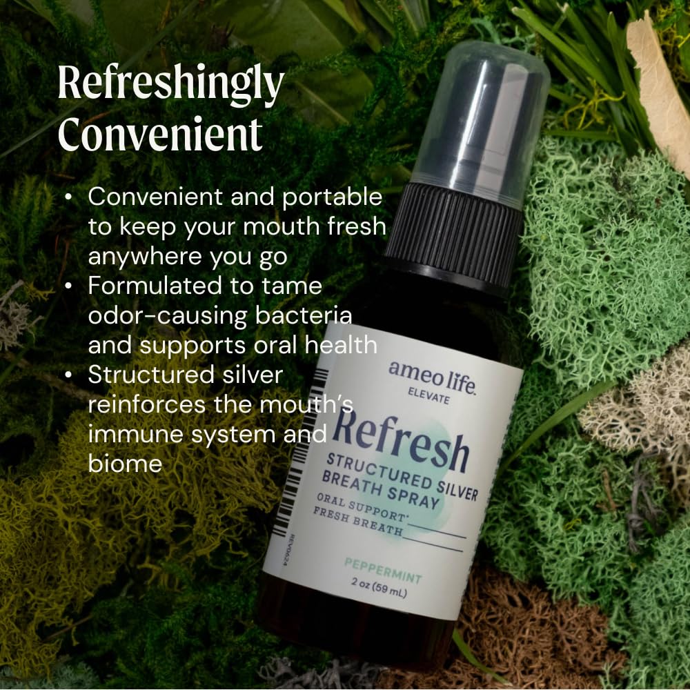 Ameo Life Natural Mint Mouth Spray with 10 ppm Colloidal Silver - Natural Breath Freshener & Dry Mouth Remedy with Xylitol - Portable Oral Care - Bad Breath Spray & Dry Mouth Relief - 2 oz