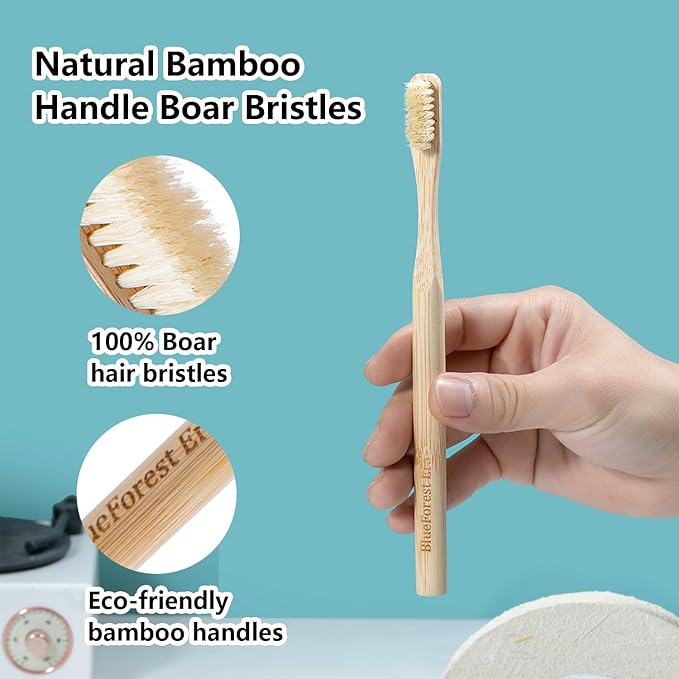 Boar Bristles & Bamboo Toothbrush, Premium Boar Bristle Toothbrush for Adult, Plastic & Nylon Free, Eco-Friendly Natural Biodegradable Compostable Bamboo Tooth Brushes 6 Pack
