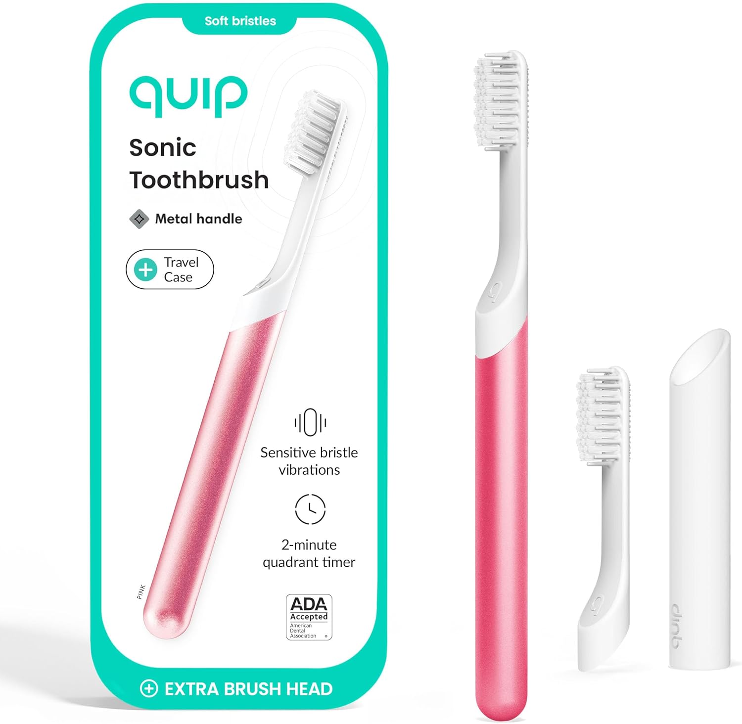 Quip Metal Sonic Electric Toothbrush for Adults - Time Travel & Soft Bristles with Travel Case & Replacement Brush Head - 3 Month Battery Life - Pink