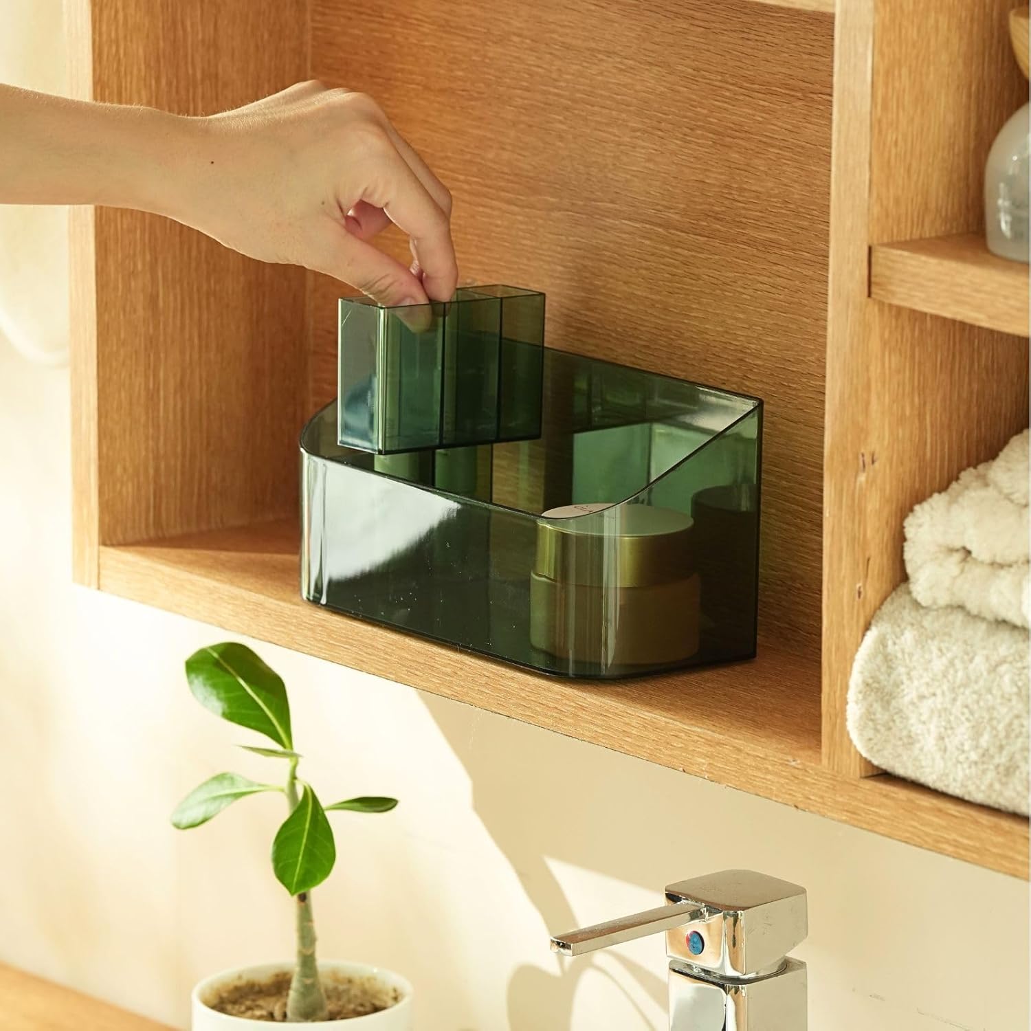 SUNFICON Makeup Tray Holder Organizer Cosmetic Display Case Tabletop Desktop Vanity Countertop Bathroom Wall Cabinet Medicine Storage Box 9 Dividers 2 Removable for Womens Ladies Girls Crystal Green