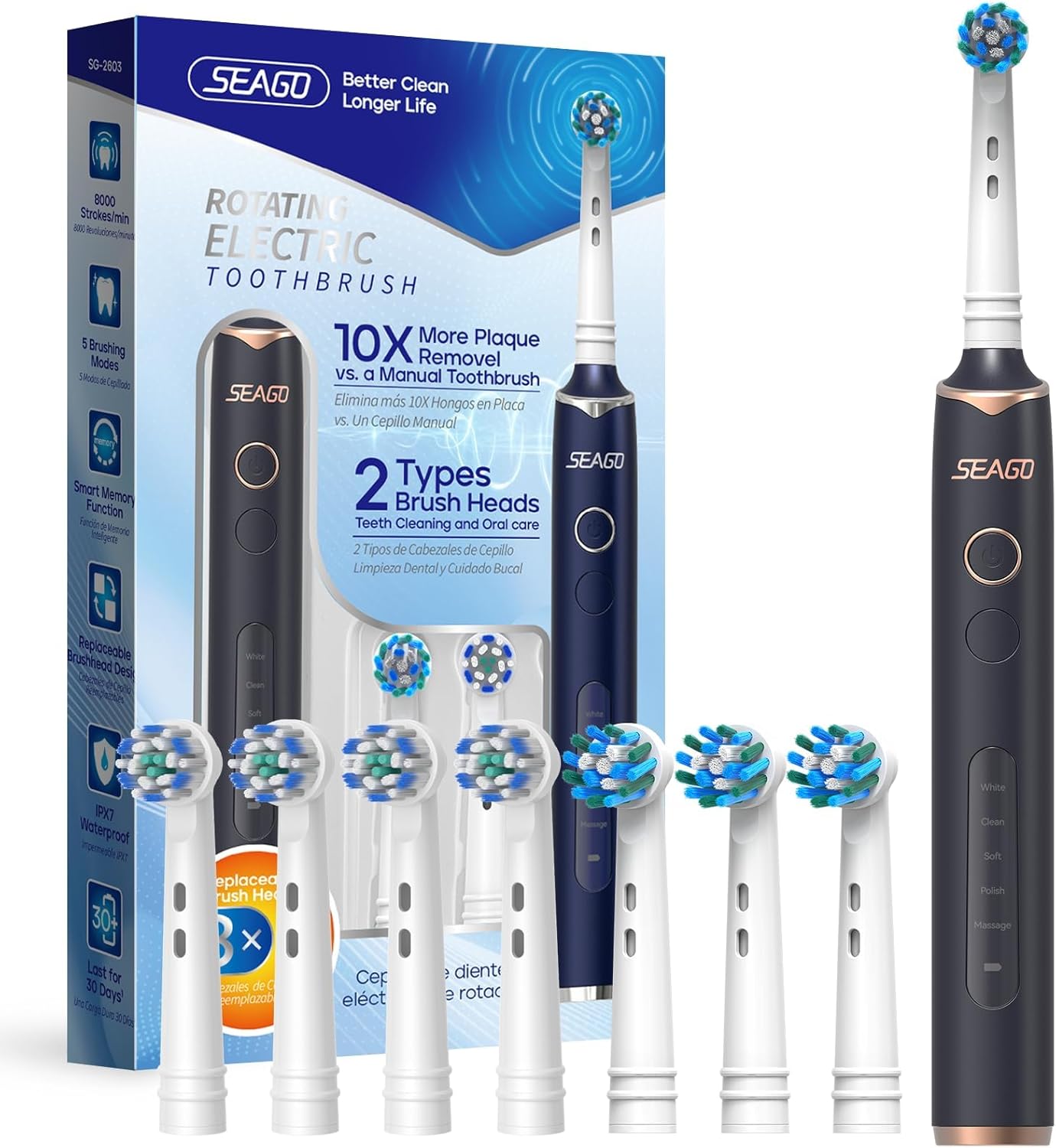 SEAGO Rotating Electric Toothbrush with 8 Round Brush Heads, with 5 Cleaning Modes, Sonic Technology Whitening Teeth in 14 Days, for Adult and Kids，SG-2603 (Black)