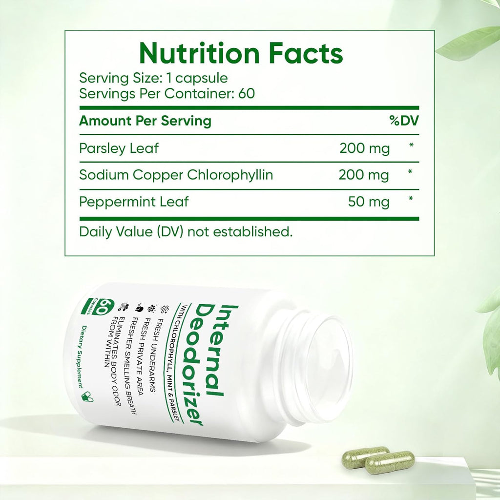 Internal Deodorizer - Breath Freshening, Body Deodorizing Supplement with Chlorophyll, Mint & Parsley, Chlorophyll Deodorant Capsules for Body Odor, Bad Breath, 60 Count